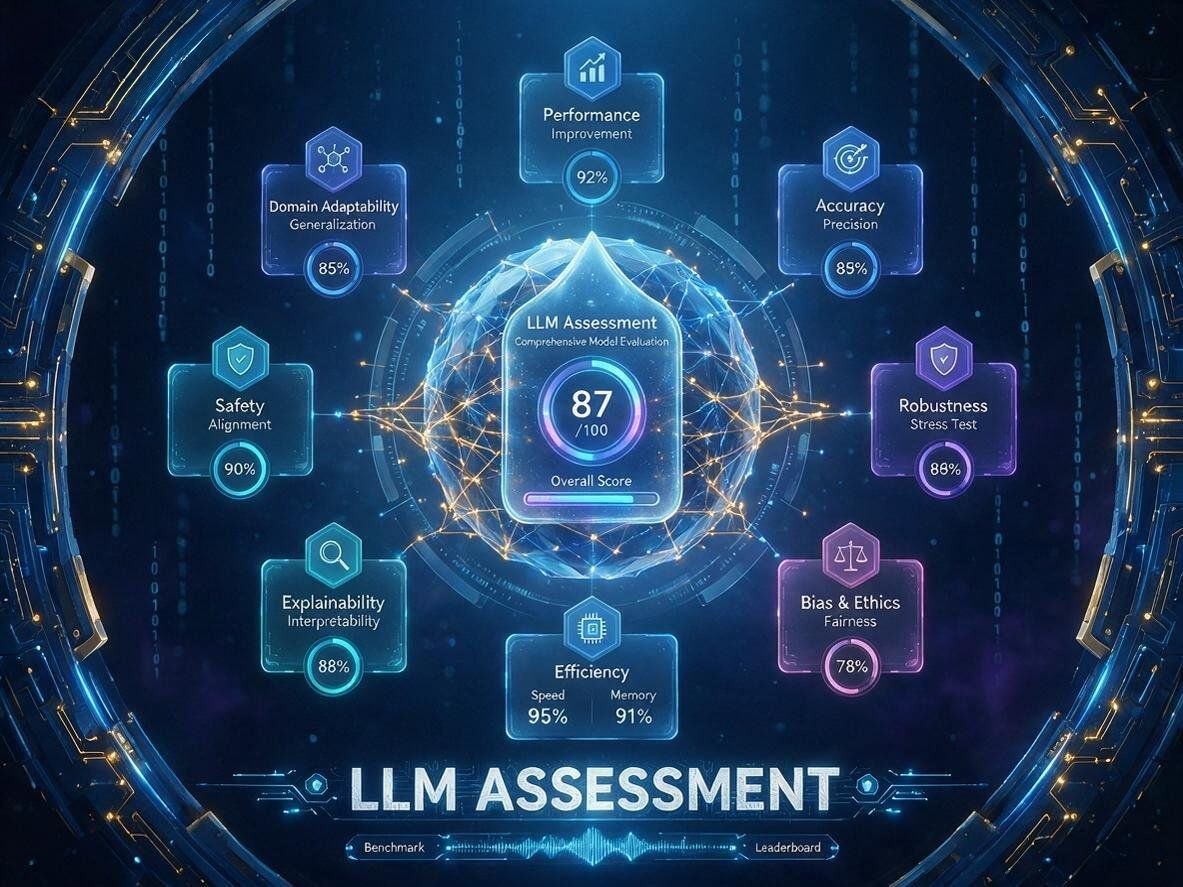 LLM Safety Assessment Platform — comprehensive model evaluation dashboard showing 87/100 overall score across safety, robustness, accuracy, performance, bias & ethics, and efficiency